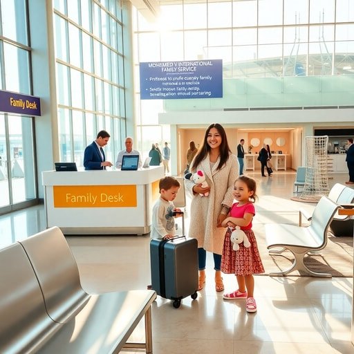 Family Travel at Casablanca Airport: Services & Tips showing parents using a dedicated family check‑in counter and children playing in a bright airport lounge with a kids’ play area