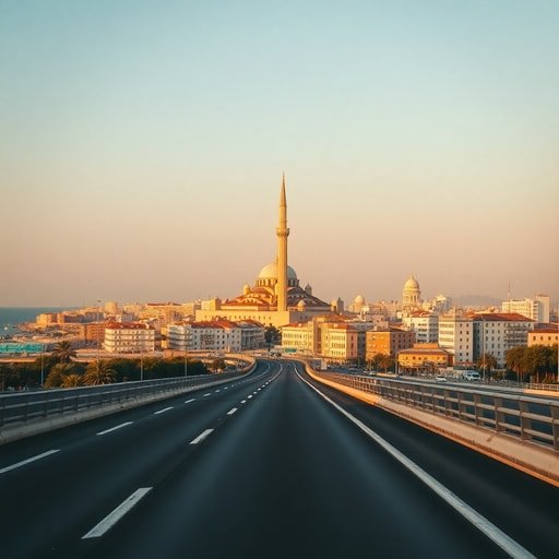 View of Casablanca city center skyline and Hassan II Mosque from the highway