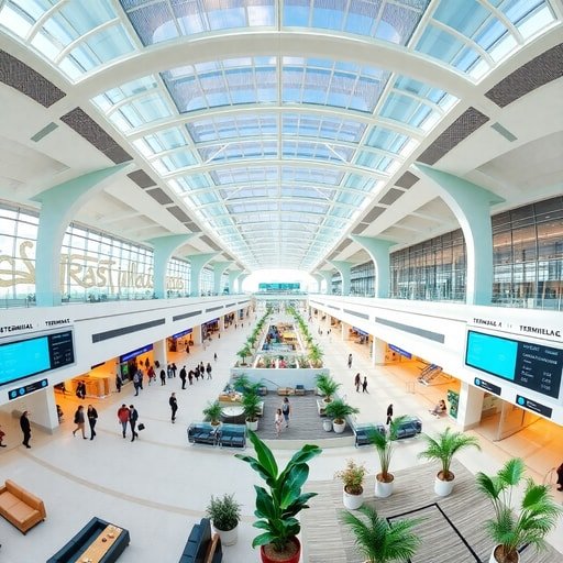 Wide‑angle view of the renovated Terminal 1 concourse at Casablanca‑Mohammed V Airport with bright lighting and modern design