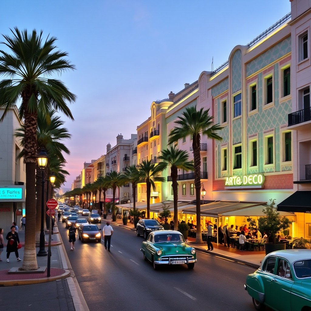 Exploring the illuminated Art Déco district in Casablanca, ideal for a memorable evening during your stopover