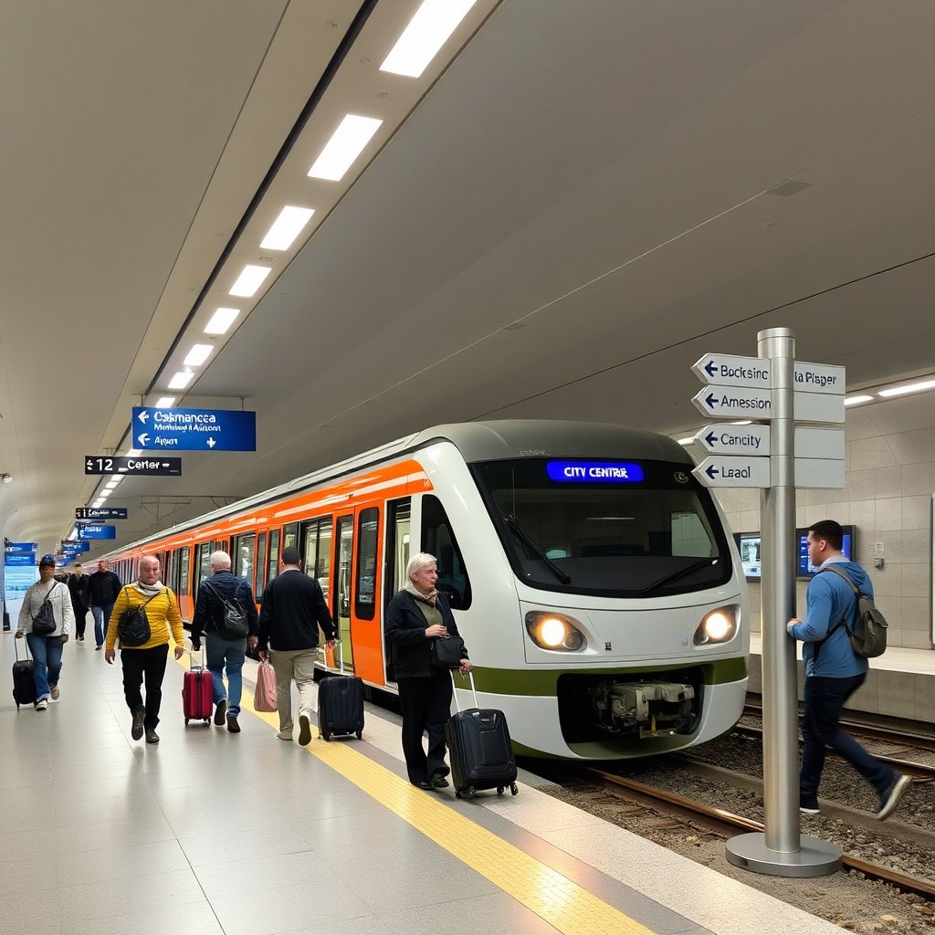 Commuter train waiting at the station for passengers during their arrival at Casablanca airport