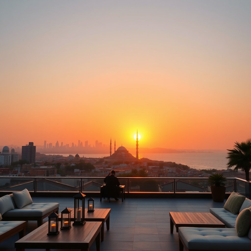 Casablanca rooftop terrace overlooking the Atlantic Ocean with the Hassan II Mosque silhouette at sunset