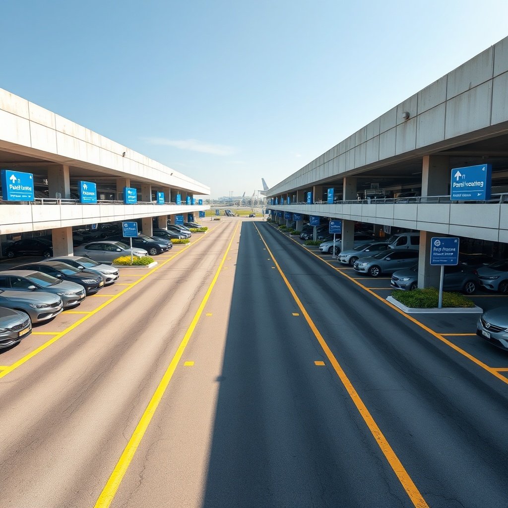 Vue détaillée du Parking aéroport Casablanca officiel présentant les zones de stationnement court, moyen et long terme, des panneaux indicateurs clairs et un espace structuré pour garantir un accès fluide aux terminaux aéroportuaires.
