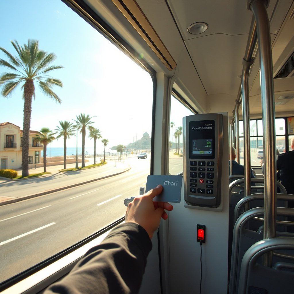 Passenger using a rechargeable transit card aboard a Bus Casablanca vehicle, demonstrating the convenient cashless payment system and modern fleet design.