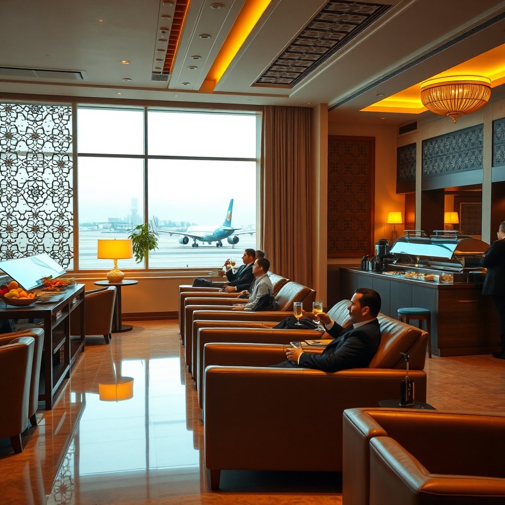 Passager profitant des services premium aéroport Casablanca dans le salon VIP de l'aéroport Mohammed V, avec fauteuils confortables et rafraîchissements