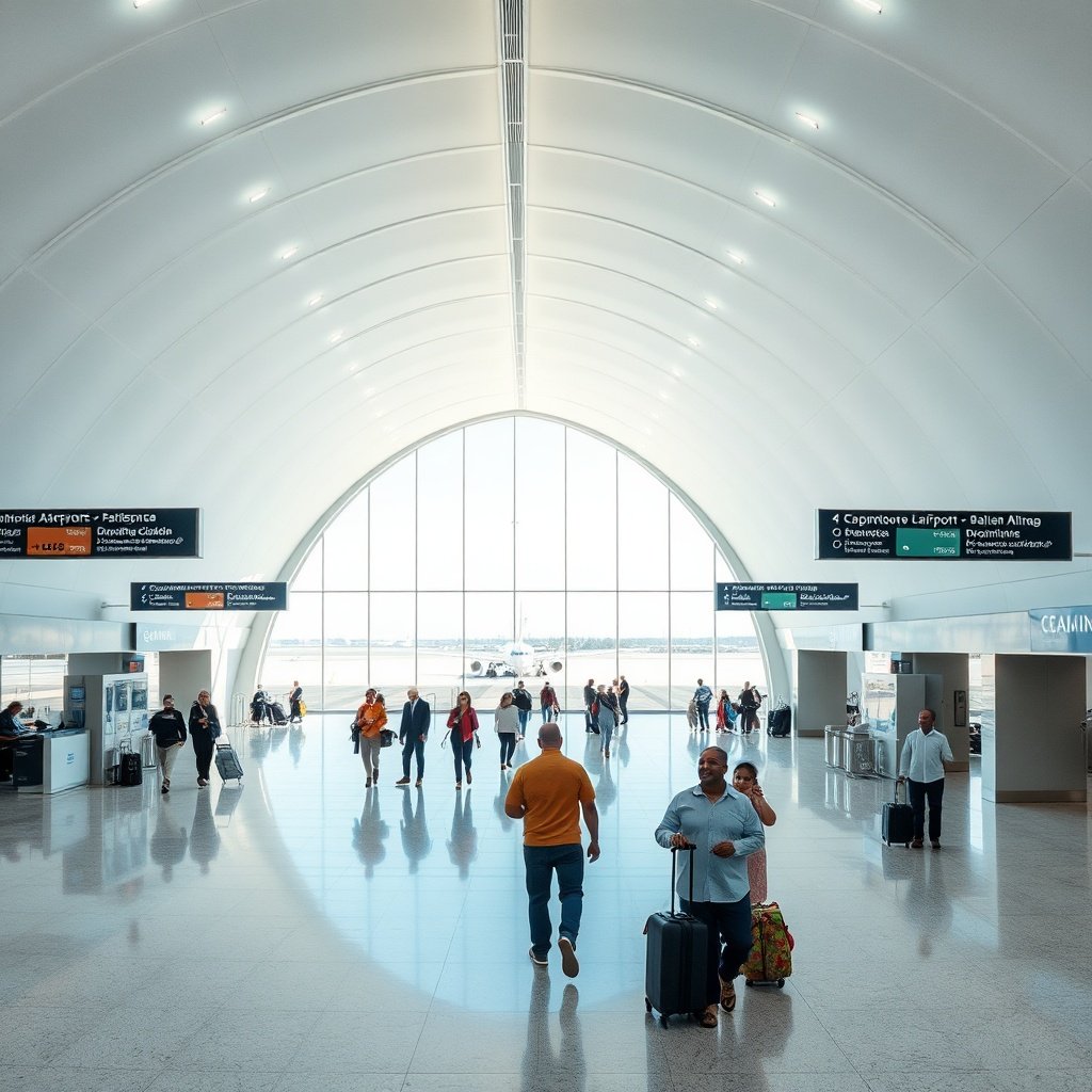 Interior of Casablanca Airport departure hall displaying check-in counters, passenger services, and efficient terminal navigation for travelers